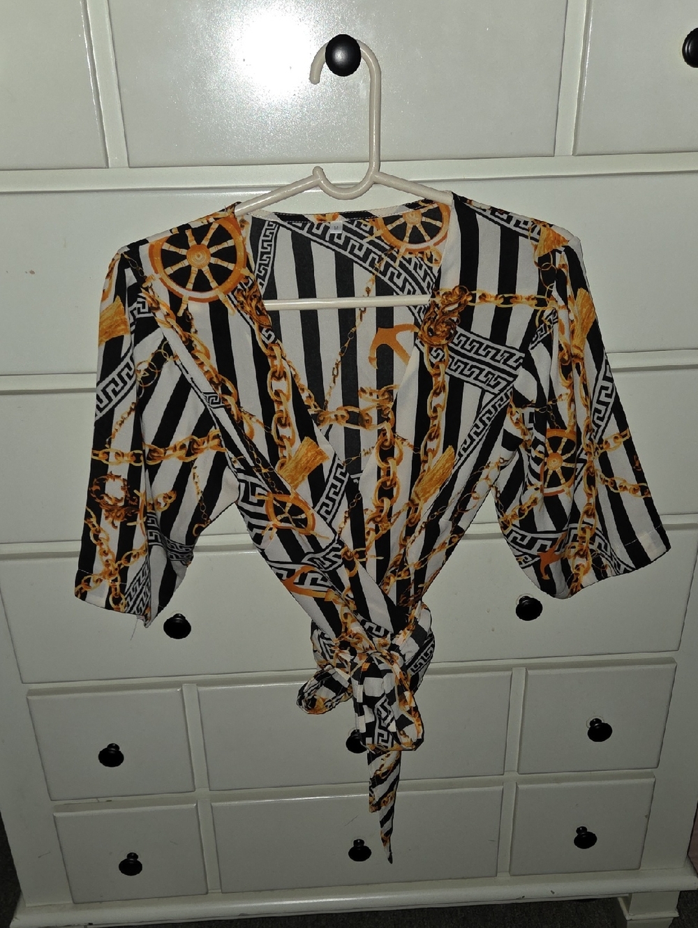 Black & White Striped Chain-Print Wrap Top